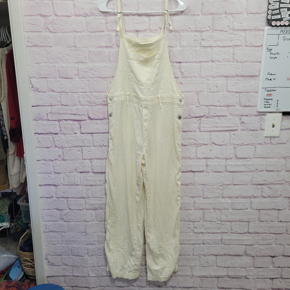 American Eagle Cream Linen Blend Overalls Jumpsuit L Wide Leg Boho Utility